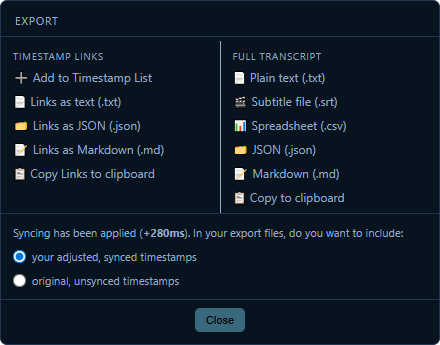 Export menu