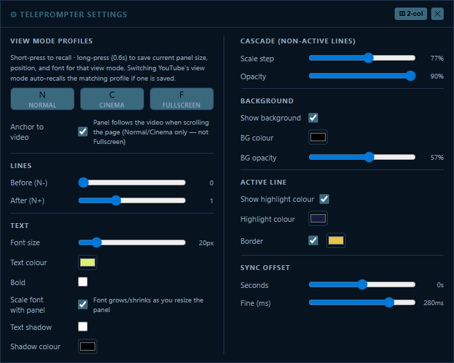 Teleprompter Settings two-column layout